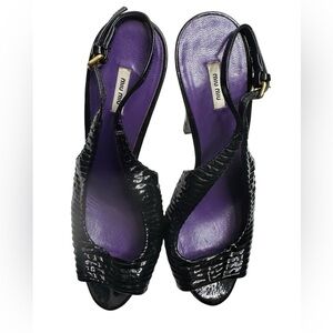 Miu Miu Prada Black Pleated Leather Peep Toe Platform Slingback Heels size37